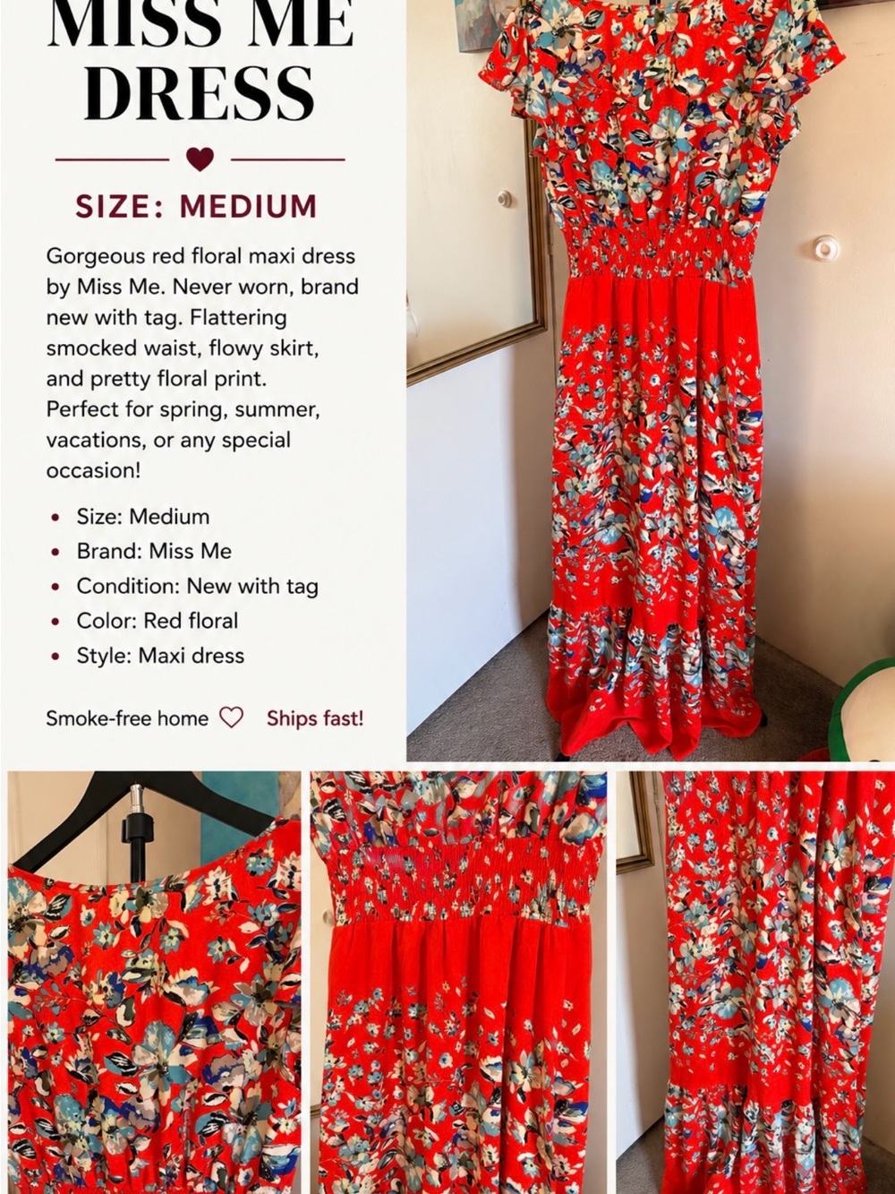 Miss Me Red Floral Maxi Dress Size Medium 🌺